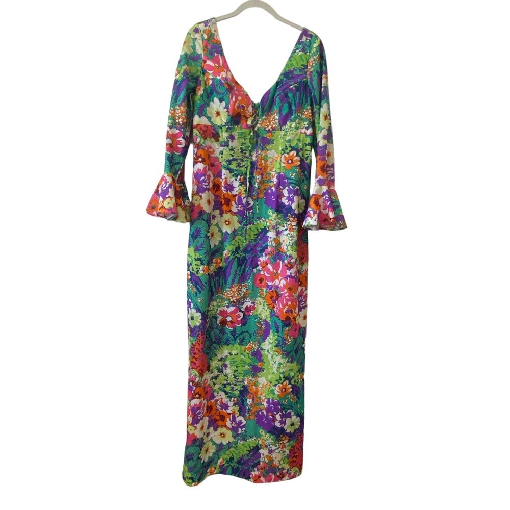 Sears Hawaiian Fashions Maxi Dress Vintage 70's Floral L/S Bell Cuffs V Neck